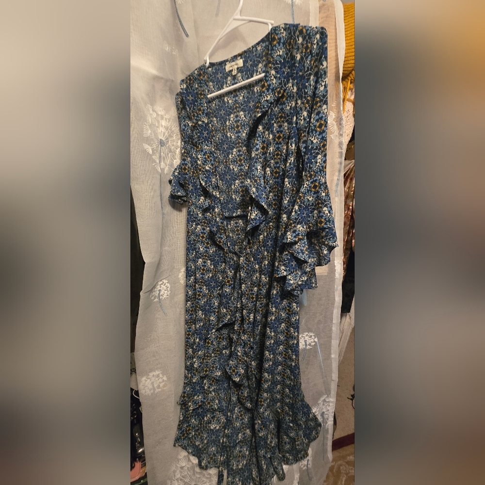 Floral Blue Ruffle Wrap Dress